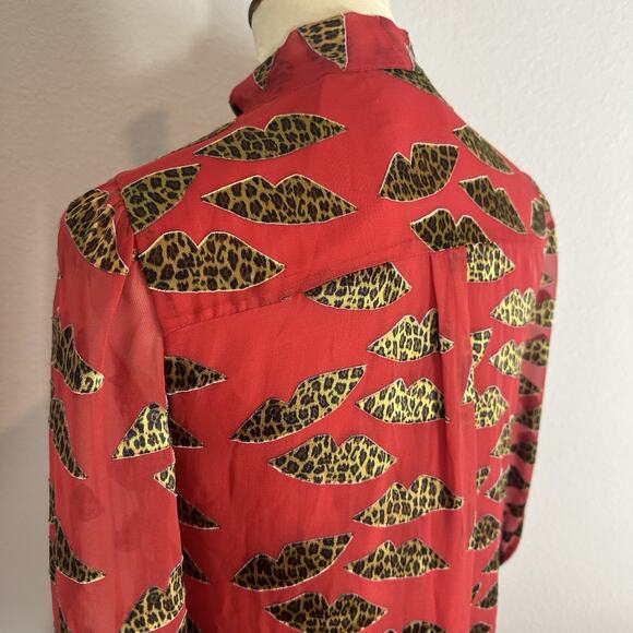 Alice + Olivia x Donald Robertson Silk Leopard Lip Top Red Blouse XS Mobwife Bow - Picture 6 of 11